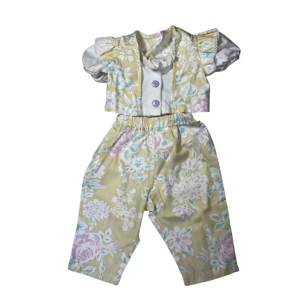 Vintage Evy Kids Floral 3 Piece Set Top Pants Skirt Pastel‎ Yellow Pink Lace 6-9
